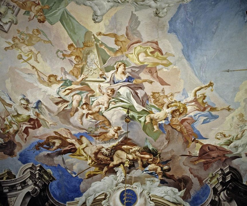 Detail of the ceiling fresco in the ancestral portrait gallery at Ludwigsburg Residential Palace